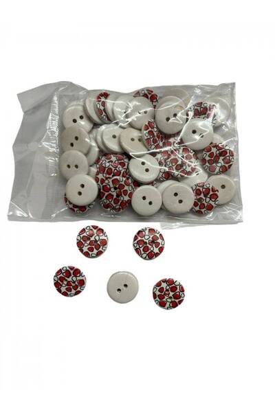 OEM Wooden Buttons White Red 1.7cm 50/Pg (Top Bottom Set of 3 pcs)