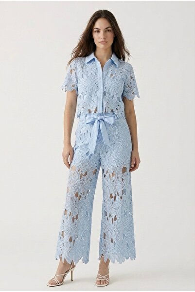 Neden Tekstil Bohemian Cotton Lace Embroidered Crop Shirt Pants Set