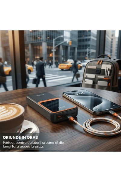 Sunix Powerbank Portabil PB-70 20000mAh, Încărcare Rapidă Inteligentă, IC Dual, USB-A, Micro USB, USB Type-C, Display LED, Baterie Externă, Compatibil iOS, Android, Compact, Negru