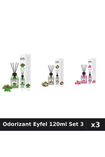 Eyfel Set 3 Odorizant Cameră Betisoare 120ml - Pin și Mentă, Nucă de Cocos, T...