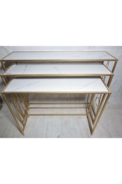 Tables Three Piece Entrance Set Marble Wood Iron Surface Gold Color