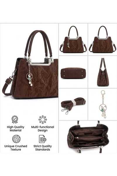Generic Women's Brown Crinkle PU Leather Handbag – Structured Top Handle Tote...