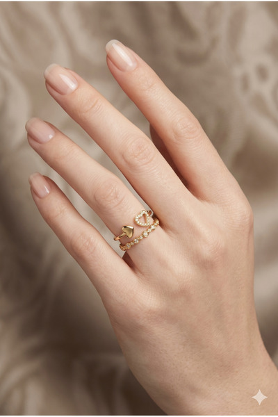 PABALAS Stainless Steel Gold Heart Figured 2-Piece Women's Ring Set Adjustabl...