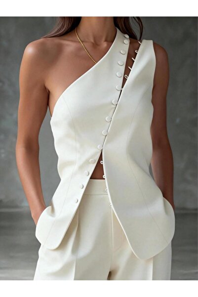 Afri Cream Hera Model One-Shoulder Button Detailed Women's Blouse – Hürrem Kumaş