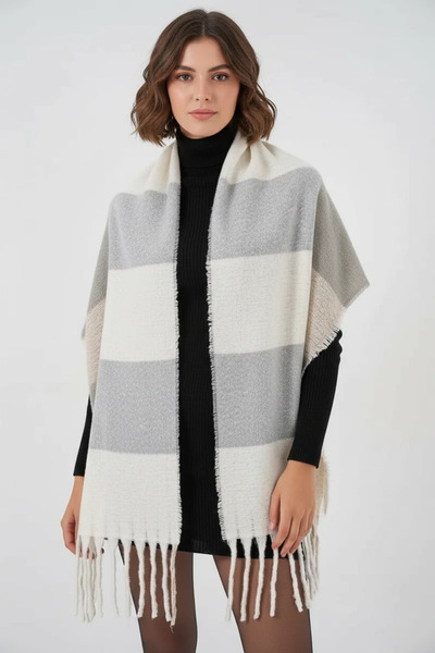 buğrahayalin Women's Tasseled Square Patterned Knitwear Gray Scarf & Shawl