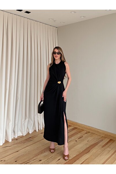 Laluvia Black Gold Buckle Long Dress - 8191