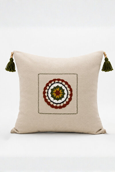 Elegancembroidery Örgü Motifli Püsküllü Keten Dolgulu Kırlent - 42x42 cm - Bo...