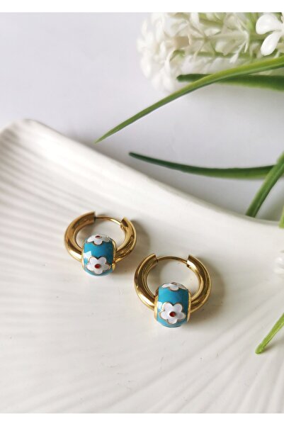 Halley Concept Turquoise Daisy Flower Detailed Hoop Steel Earrings 2 cm