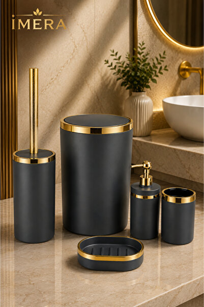İmera Mat Antrasit Gold 5 Parça Banyo Seti Çöp Kovası WC Fırçası Sıvı Sabunlu...