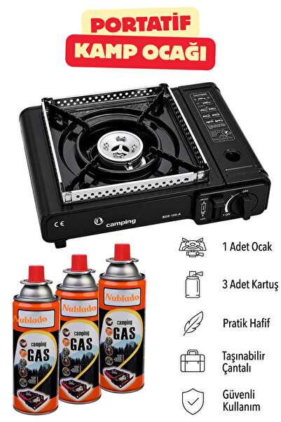 NUBLADO (4'lü Set) Portatif Taşınabilir Kamp Ocağı Tek Gözlü 3 Adet Kartuş Ge...