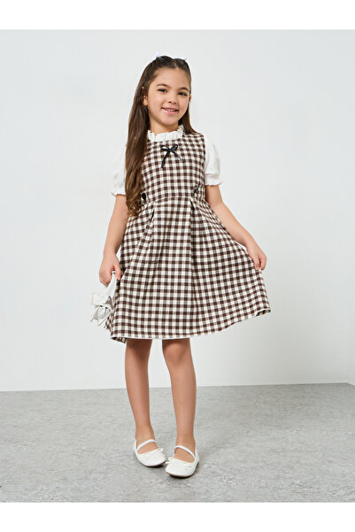 Styli Girls Brown Gingham A-Line Knee-Length Dress