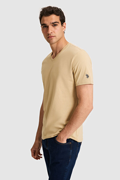 U.S. Polo Assn. Tricou de bază pentru bărbați, cu decolteu în V, bej, croială...