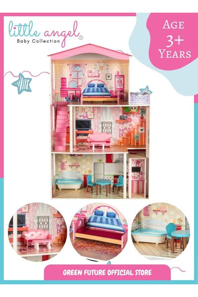 LITTLE ANGEL Kids Wooden Doll House Furniture Toy Set