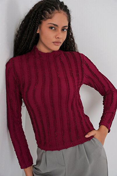 Merterium Women's Textured Stretchy Knitted Blouse 1444 - Burgundy