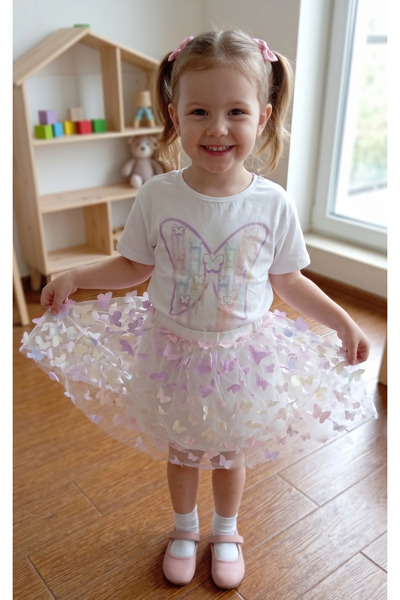 OEM 2-Piece Top Bottom Set for Girls: Butterfly T-Shirt and Pink Tulle Skirt ...