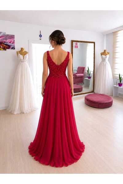 TuZeGiyim Red Chiffon Evening Dress