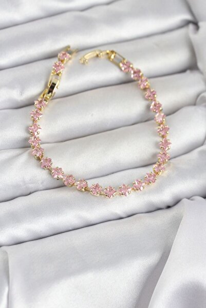 norsary Pink Square Zircon Stone Gold Color Brass Waterway Women's Bracelet