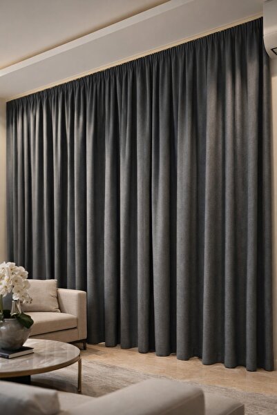 WAVES Modern Dark Grey Window Curtain with Accessories, Elegant Single Layer ...