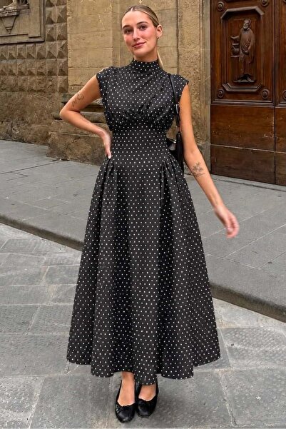 Madmext Black Polka Dot Waist-Slit Midi Dress Mg2873