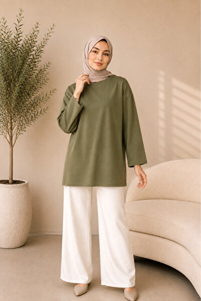 SADEL Oversize Yakası Yuvarlak Tunik - Haki