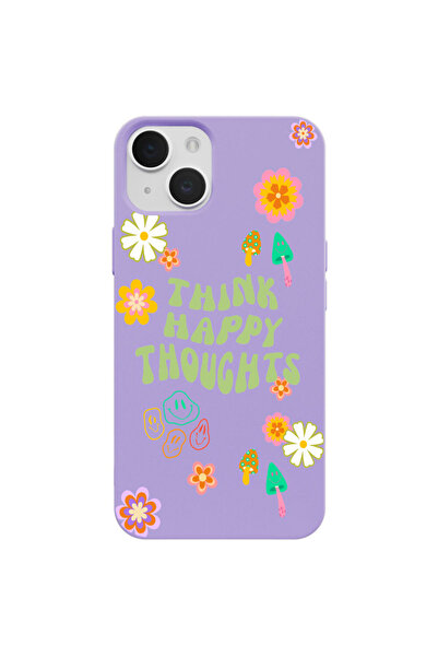 Casen iPhone 15 Lila Think Happy Renkli Silikon Kılıfı