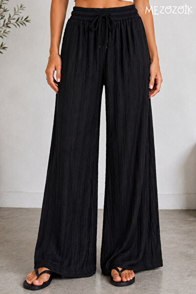 mezozoik Women's Black Bohemian Wave Ruffle Textured Summer Slim Pants