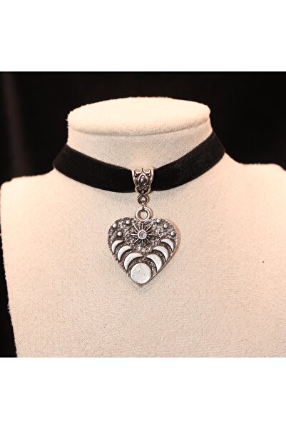 Mournbelle Gotik / Bohem Gümüş Taşlı Wiccan Ay Fazları ve Güneş Kalpli Choker...