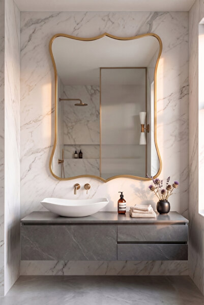 Fawdecor Modern Organik Tasarım Ahşap Çerçeveli Dekoratif Duvar Aynası