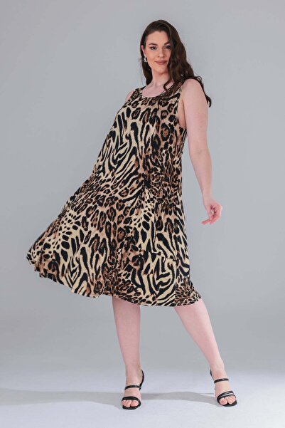 Madwilo Women's Brown Leopard Pattern Standard Size Sleeveless Dress with Mat...