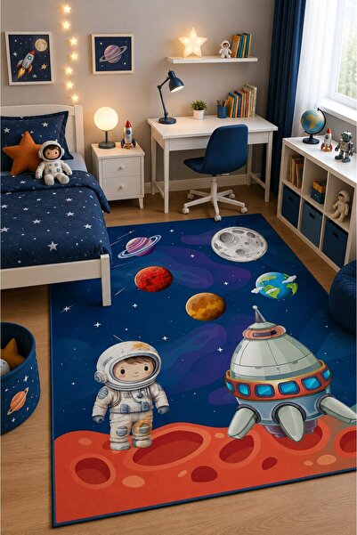 NORELLAHOME Astronot ve Gezegenler Çocuk Halısı Kaymaz Taban Yıkanabilir Uzay...