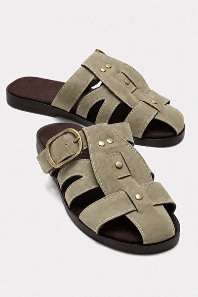 CCWAY AYAKKABI Women's Slippers with Buckle and Closed Front with Pins Vi̇zon