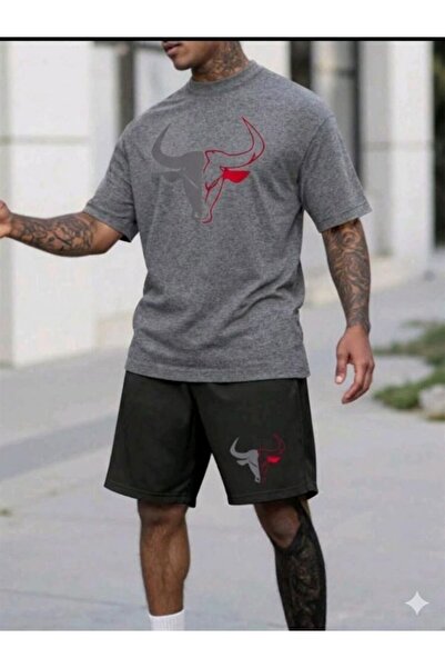 YK WEAR Unisex Bull Logo Oversize T-Shirt Shorts Two-Piece Set