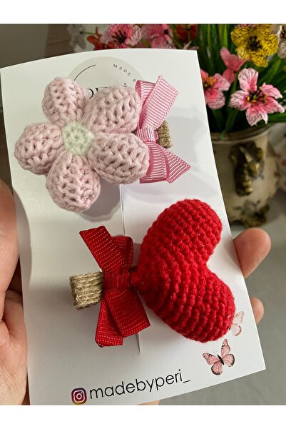 MADE BY PERİ Set of 2 Amigurumi Heart Buckles with Hand Knitted Ribbons for C...