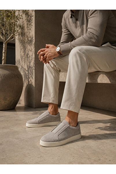 the corleone Erkek Gri Süet Sneaker Bağcıksız Günlük Casual Slip-On Ayakkabı