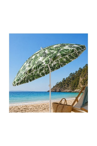 OEM Umbrela de Plaja cu Frunze Tropicale Verzi, 2 Inele, Cadru Metalic Rezist...