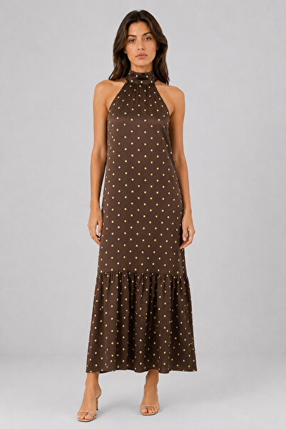 Mixray 4927 Kadın Puantiye Desenli Halter Yaka Maxi Elbise Kahve