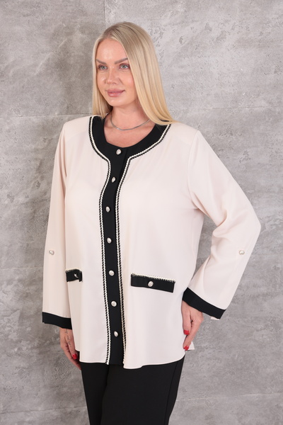 KİFAYET Plus Size (50-56) Chanel Button Detail Crew Neck Long Sleeve Women's ...