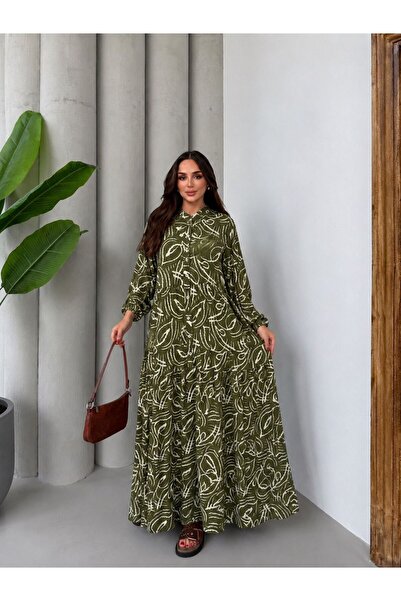 Mava Lady Kadın Desenli Viskon Elbise Haki