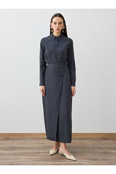Refka Tunic & Asymmetrical Cut Skirt Detailed Navy Blue Striped Set - Exclusive