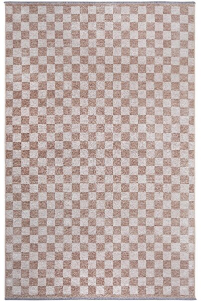 Pera Halı Bej Beyaz Modern Geometrik Dama Desenli Yıkanabilir Halı YO30035XH