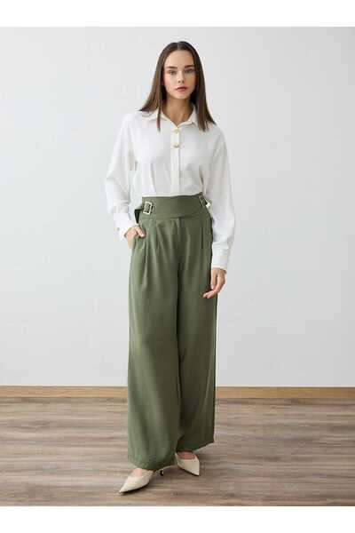 Refka Wide Leg Modal Trousers with Metal Buckle Detail - Khaki -