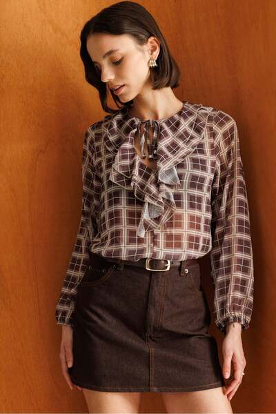 Mixray 4902 Women's Plaid Patterned Chiffon Blouse with Flounce Collar, Brown