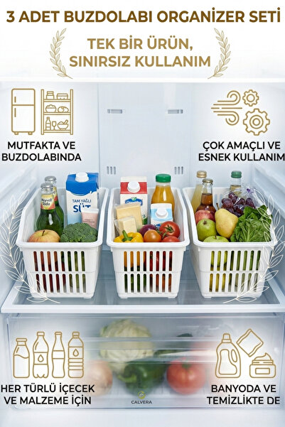 CALVERA 3 Adet Buzdolabı Organizer - BPA FREE Sağlam Plastik Raf Düzenleyici