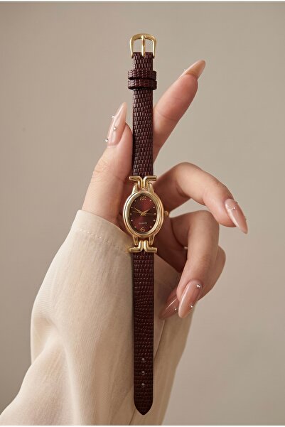 KLISHE Butik Ruby Kadın Saat Gold Renk Bordo Kadran Bordo Deri Kordon Vintage...