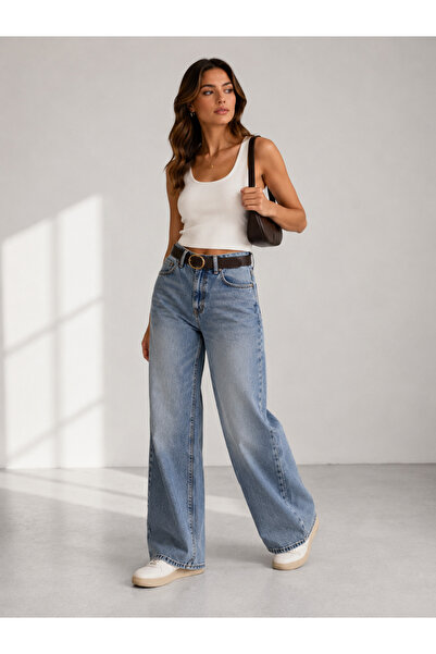 PECAMOOD KADIN YÜKSEK BEL WİDE LEG KEMERLİ AÇIK MAVİ JEAN
