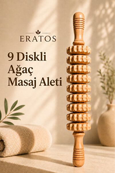 ERATOS 9 Diskli Ağaç Masaj Aleti Çift Saplı Vücut Masaj Rollerı