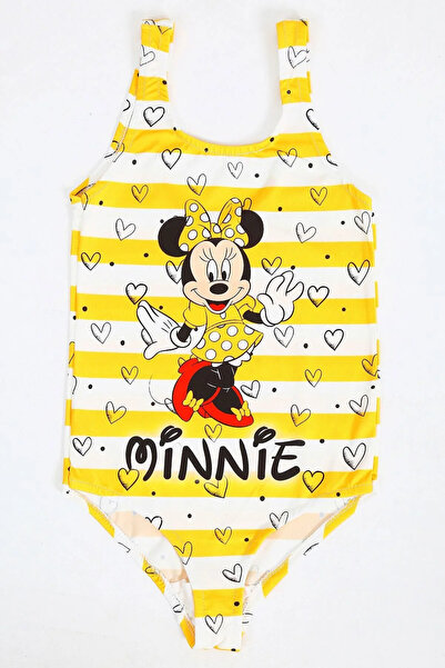 Papiş Girls' Swimsuit Yellow Striped Printed Comfortable Quick Drying Swimwea...