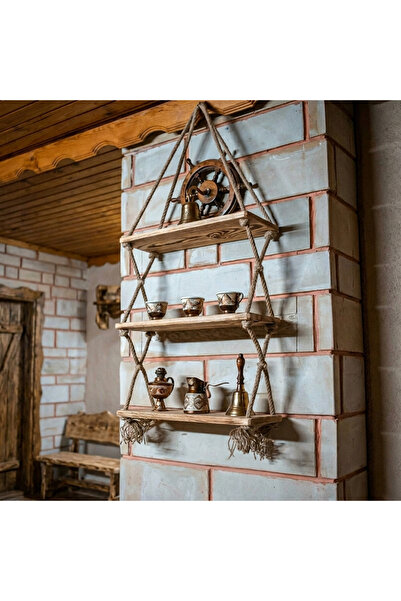 KOCOGLU WOODEN Doğal Ahşap Halatlı 3 Katlı Duvar Rafı - Jüt Urganlı Masif Kit...