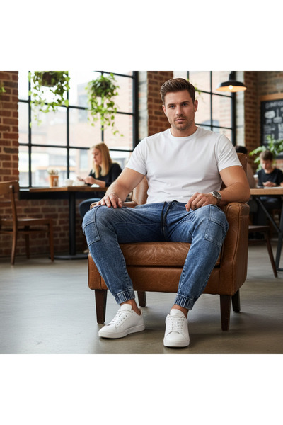 LIVERGY Men's Acid Wash Denim Cargo Joggers - Light Blue