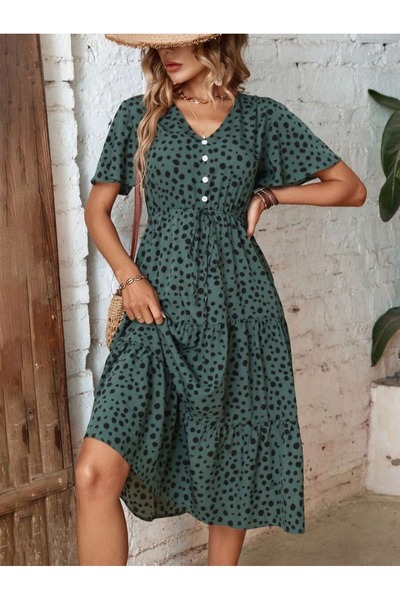 Iuliashop Rochie midi verde închis cu imprimeu negru - M